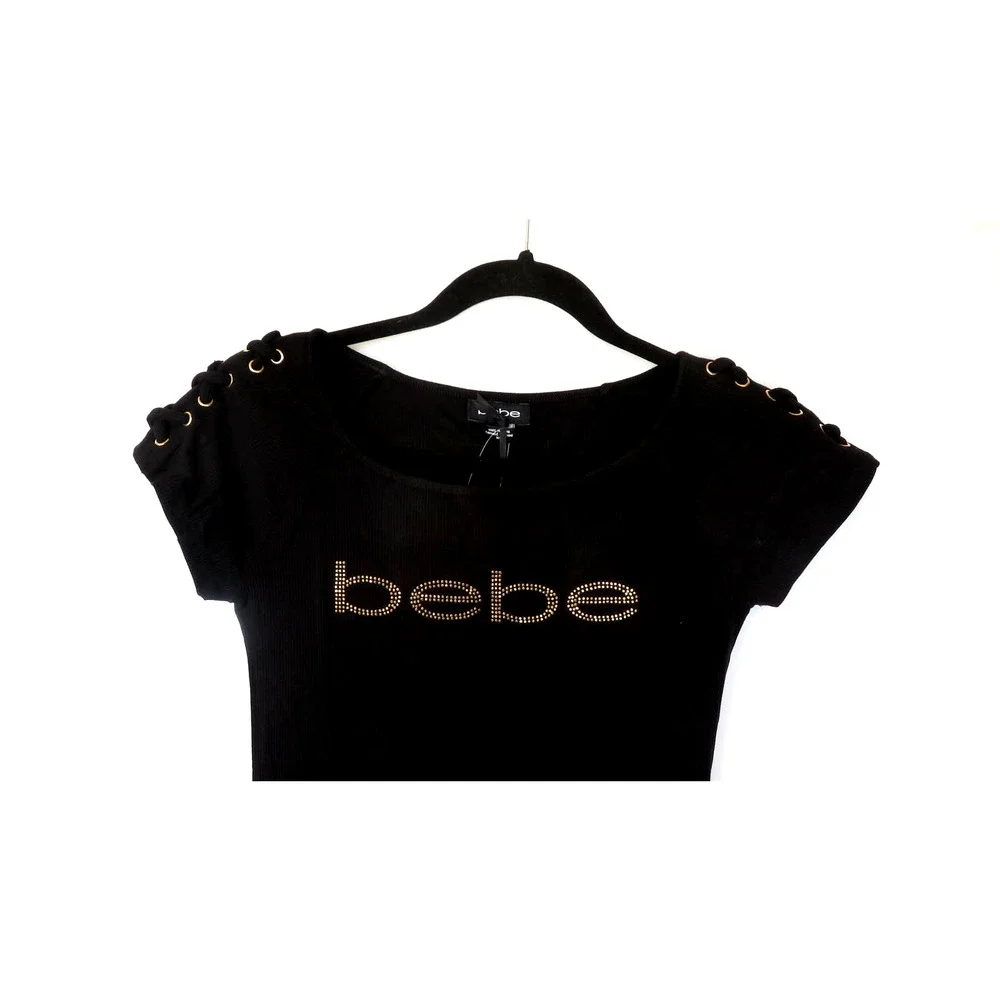 Nwt BEBE Black Logo Top Shirt w/ Gold Rhinestone Women Sz M - Picture 2 of 7